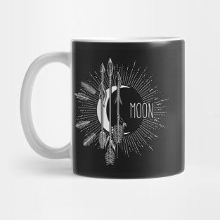 Crescent moon with arrows drawn in boho style. Mystical moon emblem isolated on black. Mug